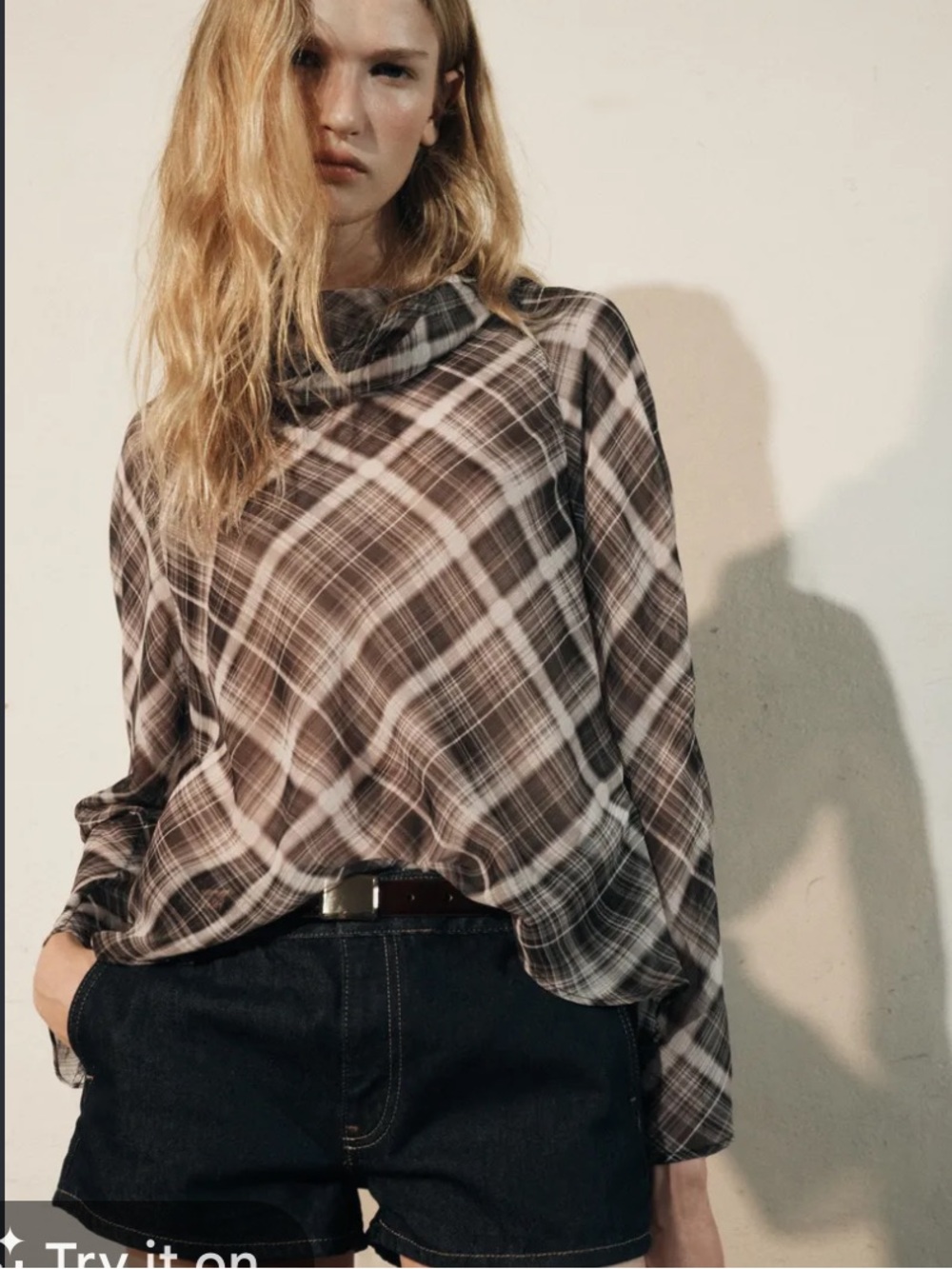 Zara Plaid Button-Down Shirt in Brown and Cream